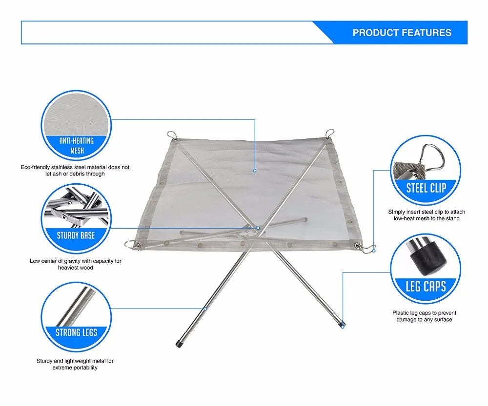 Portable Camping Fire Pit Stainless Steel Mesh Foldable Wood Stove Stand