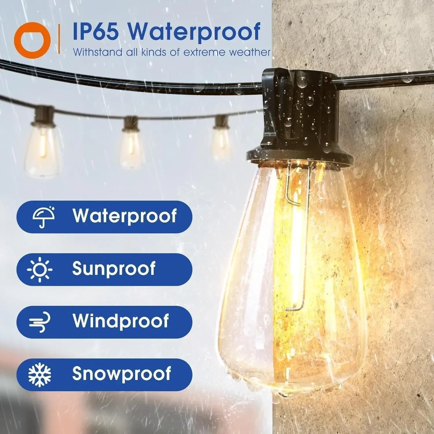 Close view of a shatterproof Edison bulb and weatherproof socket