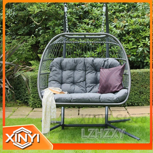 Double Egg Swing Chair With Stand 2-Person Outdoor Patio Rattan Hammock