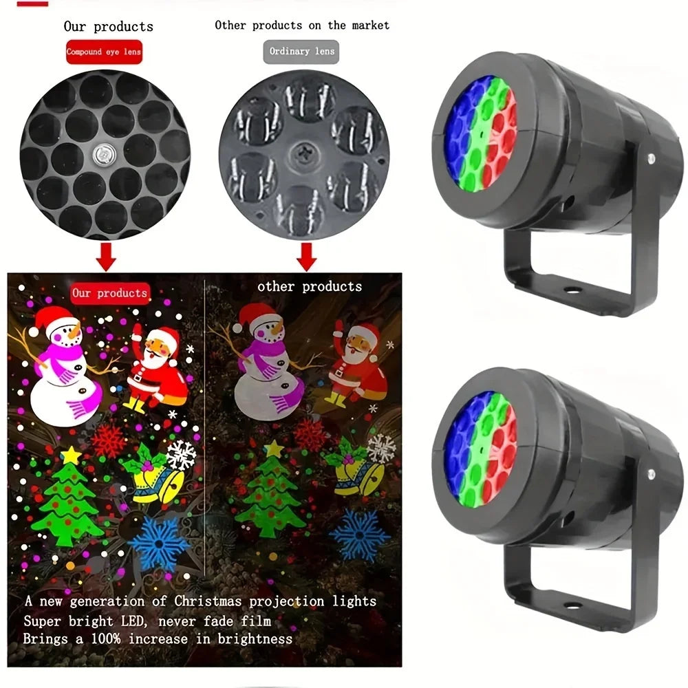 Projector casting holiday patterns across a house facade at night