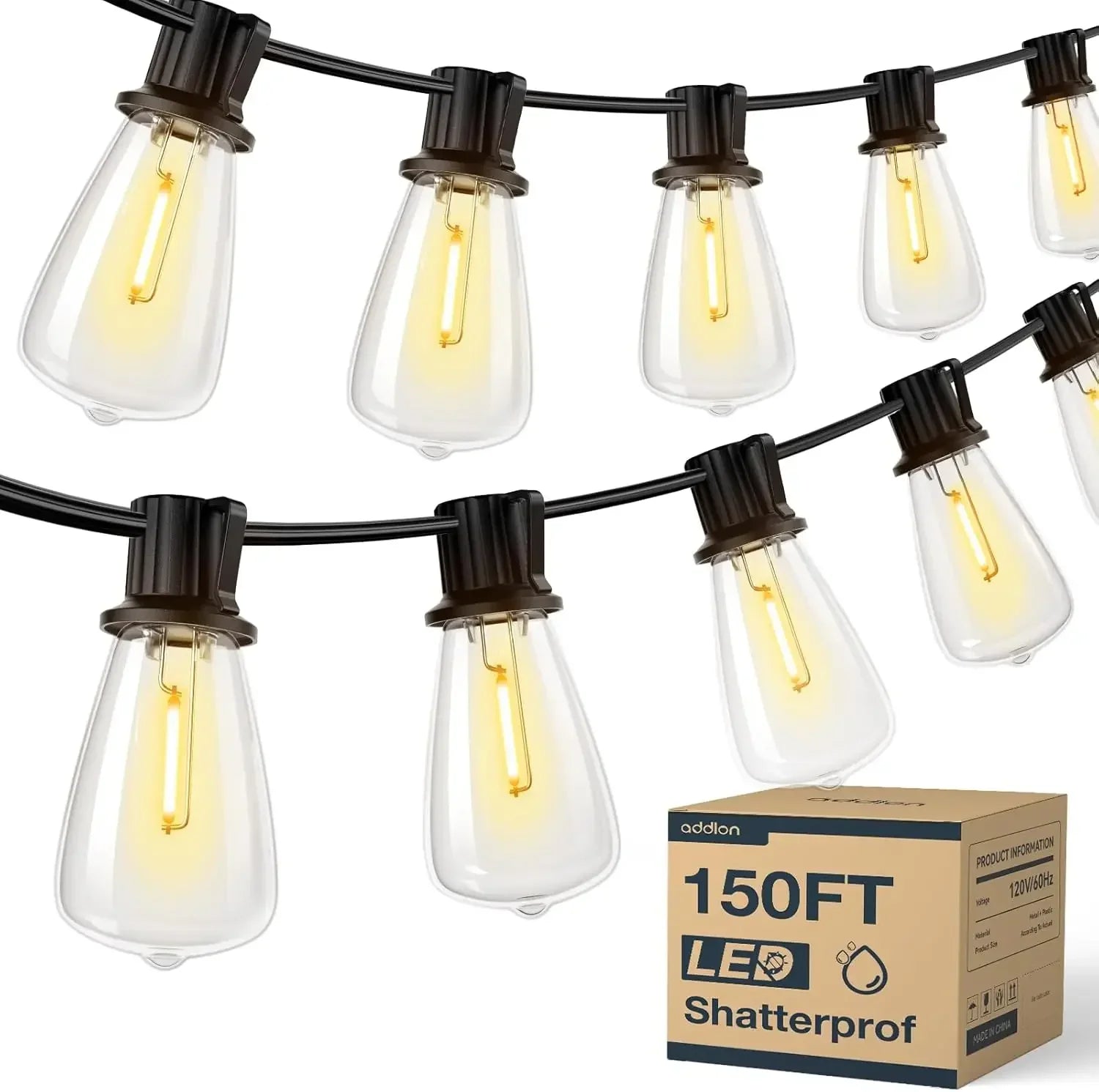 Outdoor string lights with shatterproof ST38 Edison-style bulbs