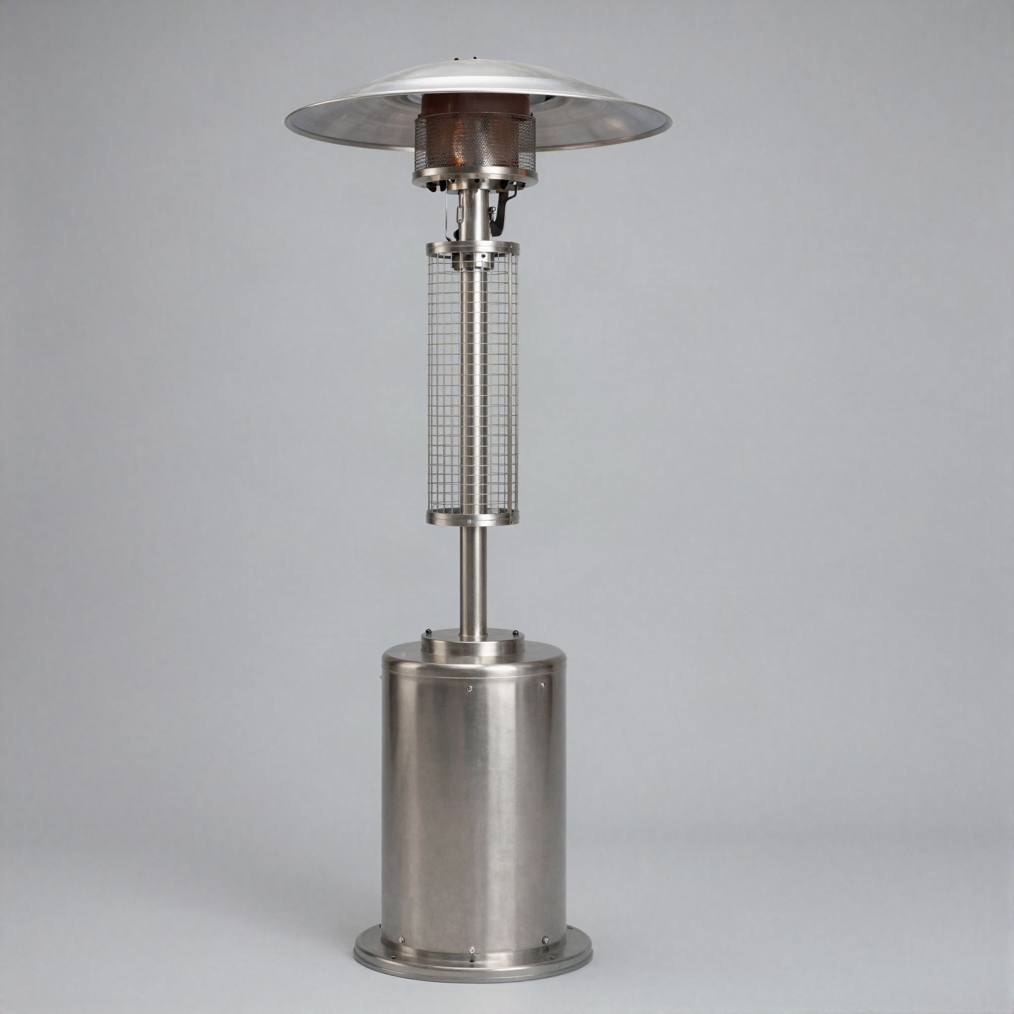 Freestanding stainless steel propane patio heater with reflector dome and wheeled base