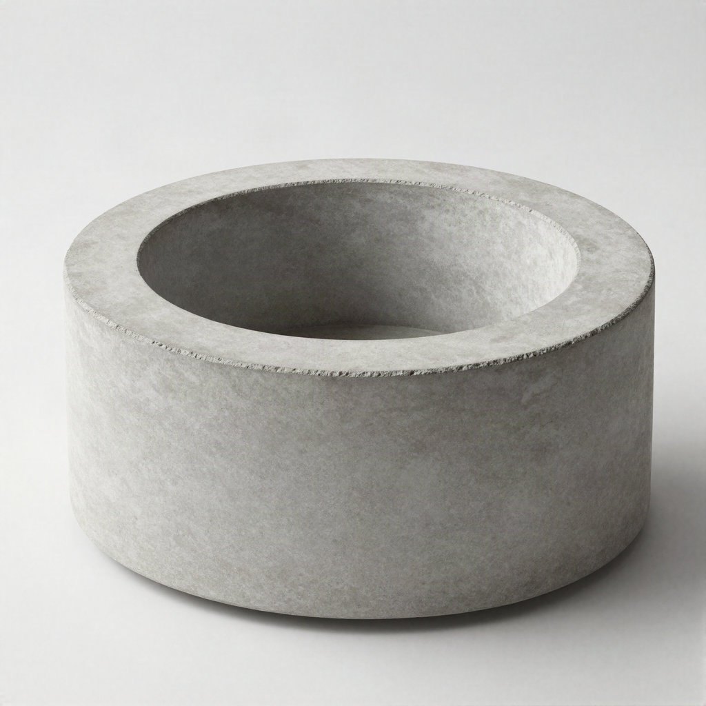 Round cast concrete tabletop fire bowl with recessed centre opening