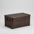 Large brown resin outdoor storage deck box with wood grain texture and hinged lid