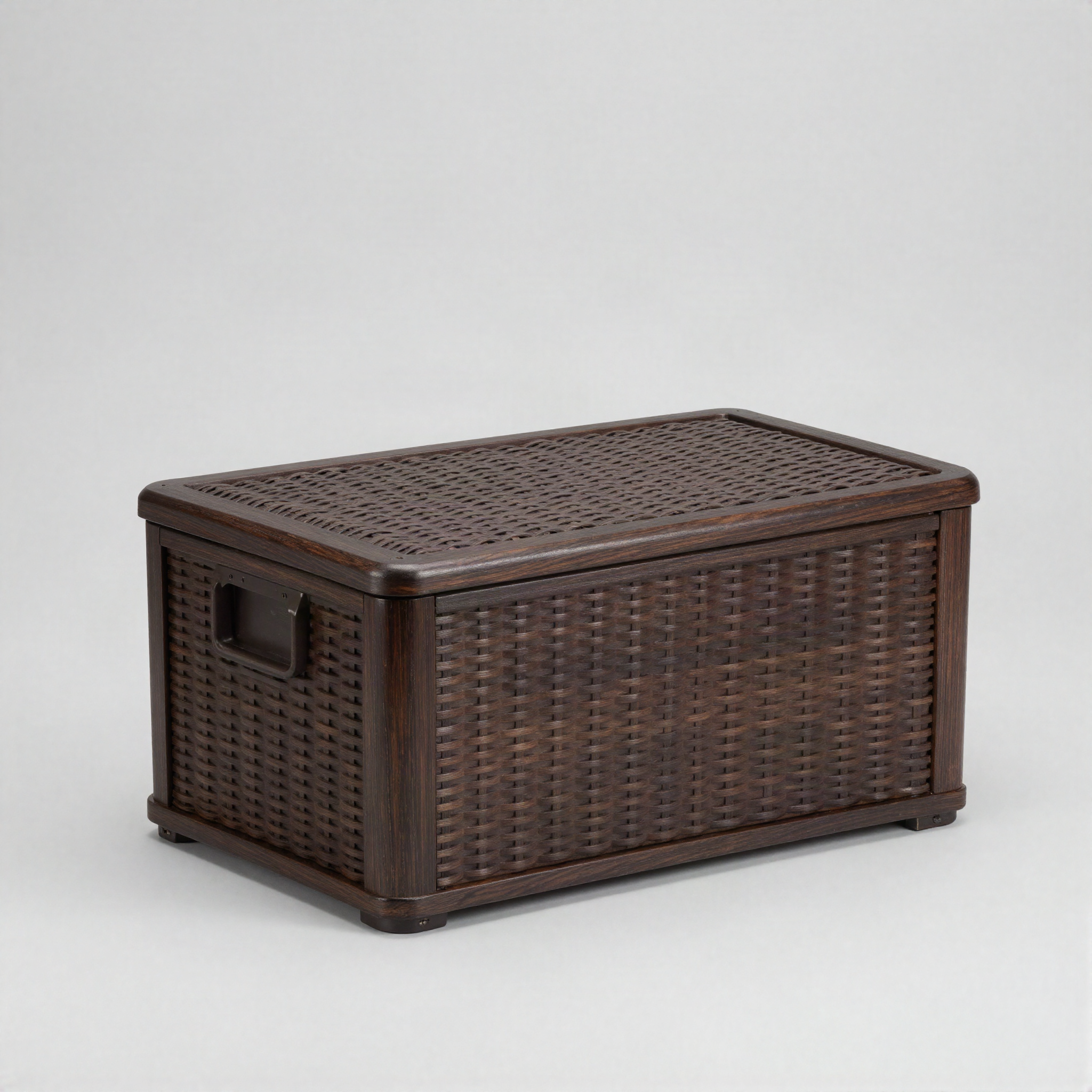 Large brown resin outdoor storage deck box with wood grain texture and hinged lid