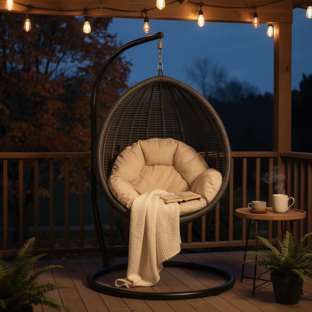 Hanging egg chair on a covered porch at dusk with a throw blanket and string lights