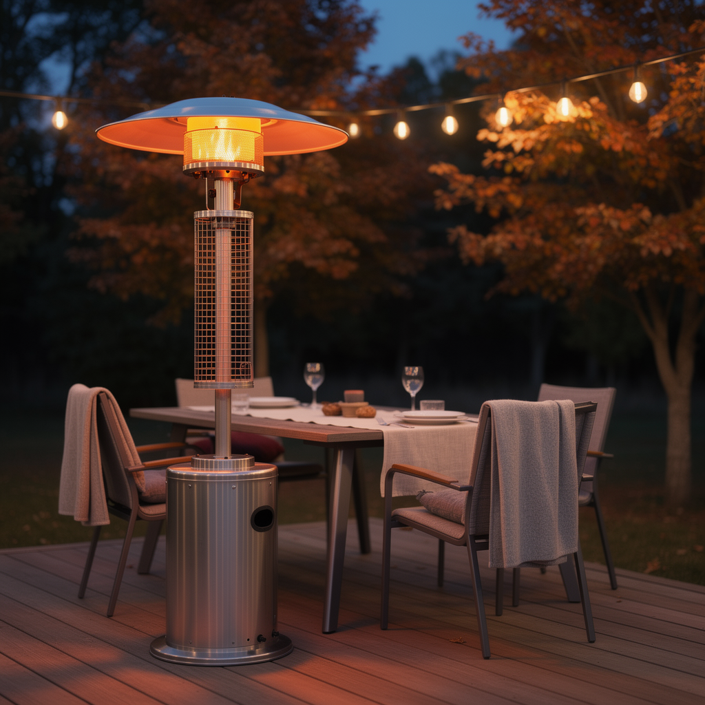 Propane patio heater glowing beside a set outdoor dining table at dusk in autumn