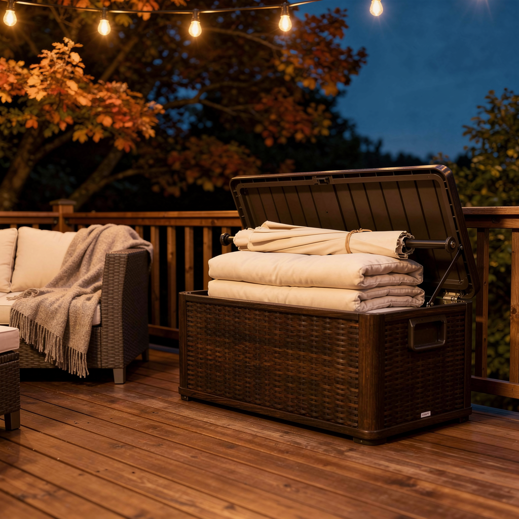 Resin deck box on a patio at dusk with lid open showing stored outdoor cushions