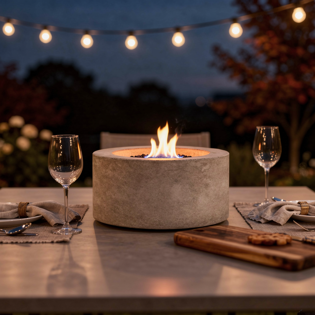 Concrete tabletop fire bowl lit in the centre of an outdoor dinner table at dusk
