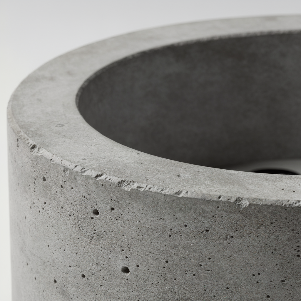 Macro of the fire bowl's raw cast concrete texture and recessed fuel opening