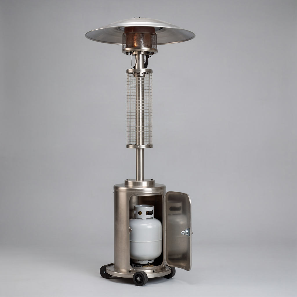 Patio heater base open showing the propane tank seated inside and transport wheels