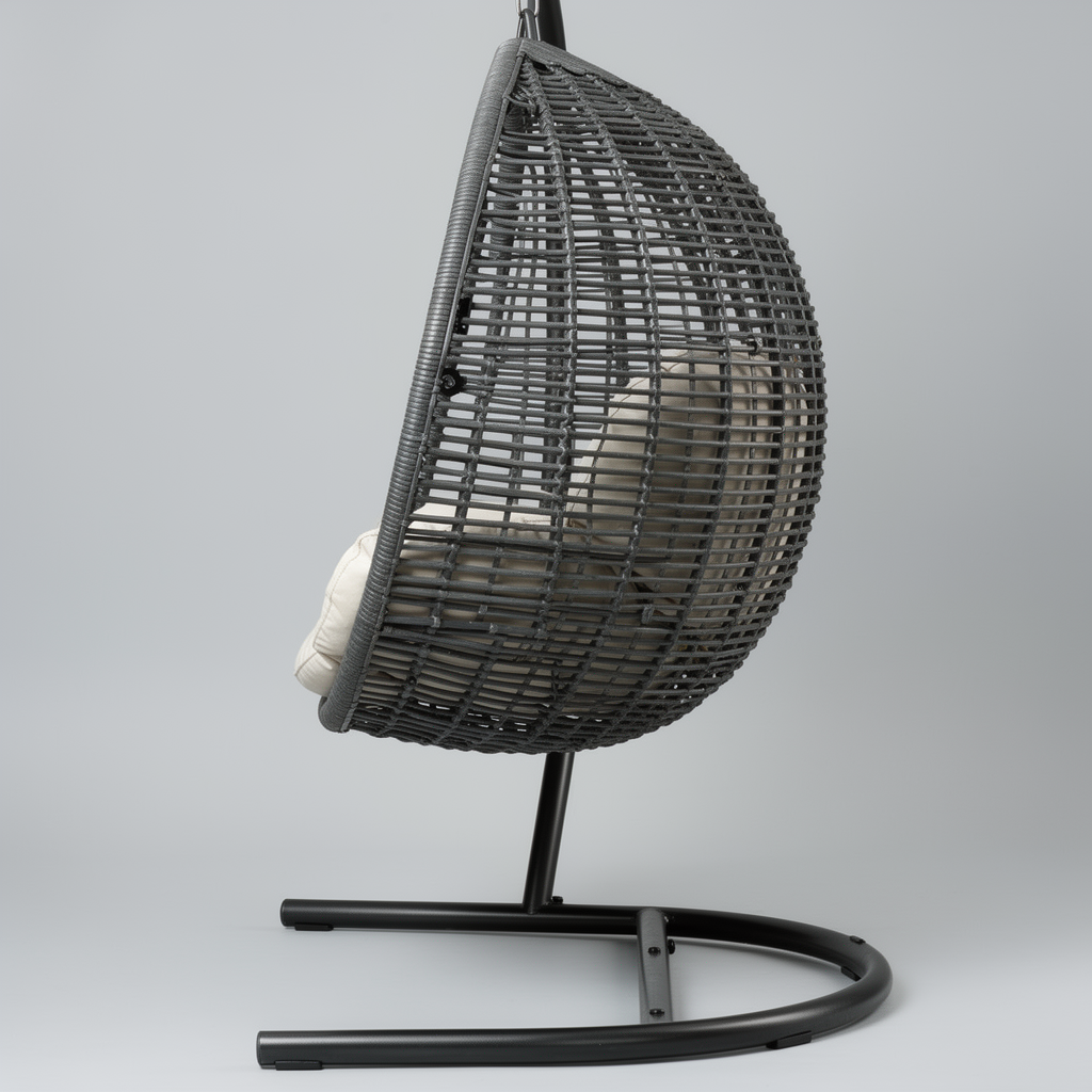Side profile of the egg chair showing basket depth, chain length and stand footprint