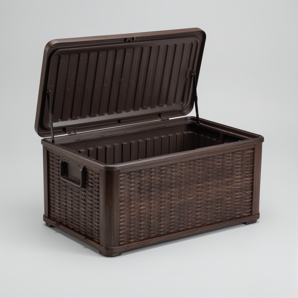 Deck box with lid fully open showing the empty interior storage capacity