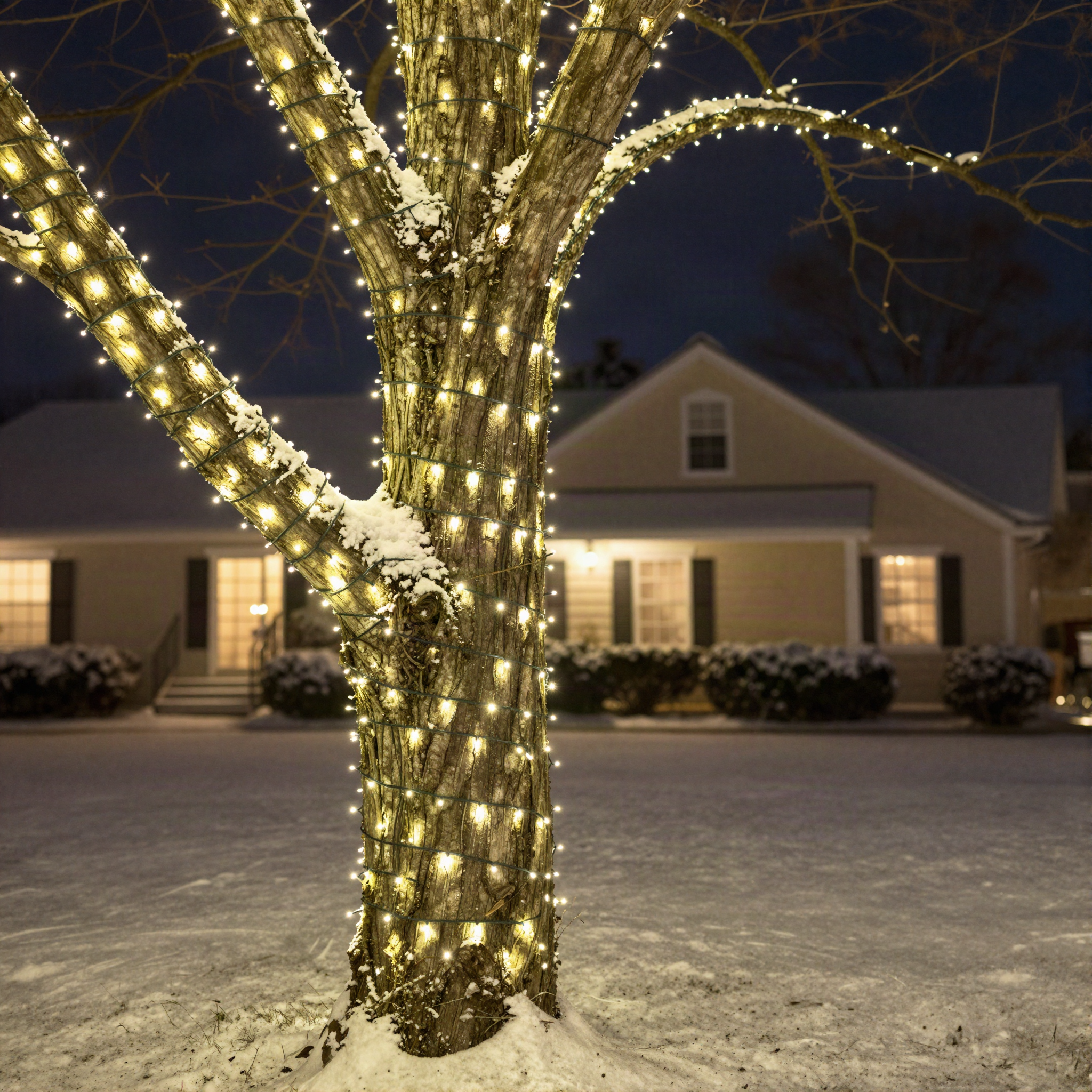 Fairy lights wrapped around a tree trunk in a snowy front yard at night