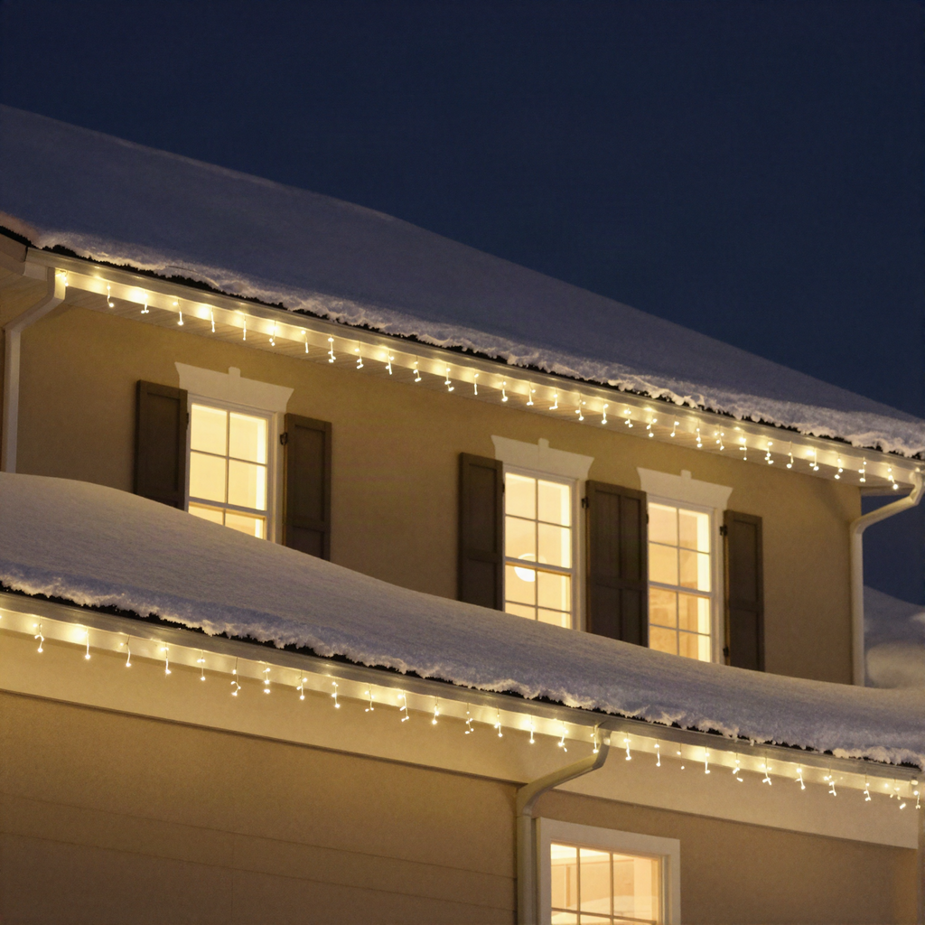 Warm white icicle lights hanging along a snowy house roofline at night