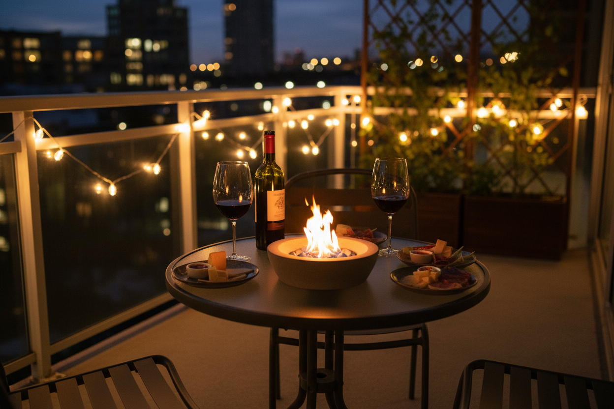 Concrete tabletop fire pit bowl glowing as a warm centrepiece on an outdoor balcony dinner table at dusk