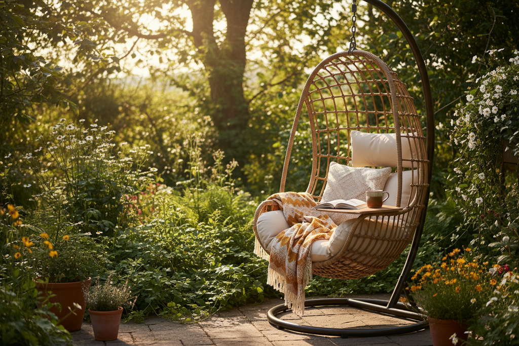 Wicker rattan hanging egg chair with cushion in a cozy patio corner surrounded by greenery